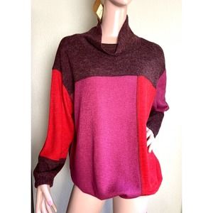 Tru Luxe Size XL Knit Top Tunic Color Block Maroon Mock Neck Toggle Hem NEW